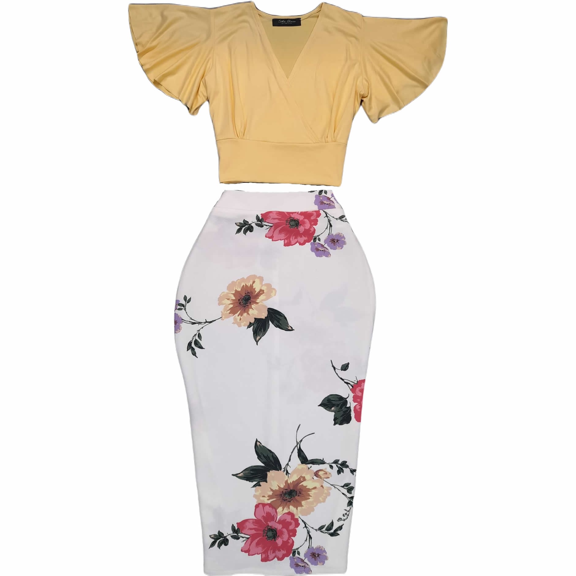 Wrap V Neck Blouse Flare Sleeves And Floral Pencil Skirt